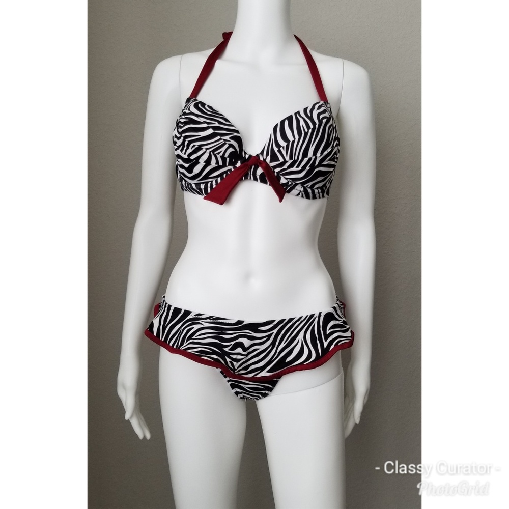 Pour Moi safari zebra and burgundy bikini 32dd/4